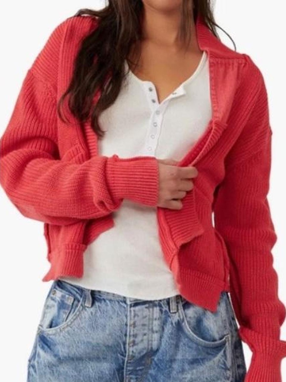 Free People We The Free Worn Thru Surplus Cardi Red Cotton Cardigan S